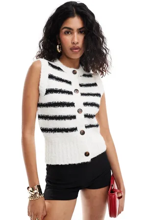 4th & Reckless Fluffy knit button through sleeveless top in black and white stripe