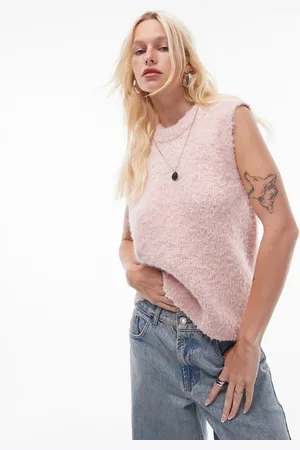 Topshop Knitted crew boucle vest in light