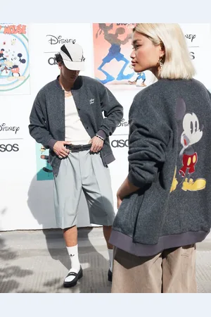 ASOS Disney unisex oversized wool bomber jacket with Mickey Mouse prints in