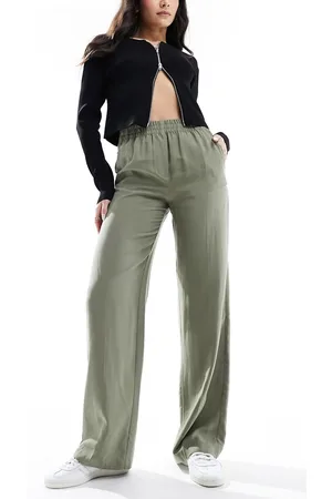 MANGO Straight leg linen trousers in khaki