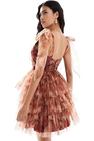 Lace & Beads Lace up corset bow shoulder tulle mini dress in rose print