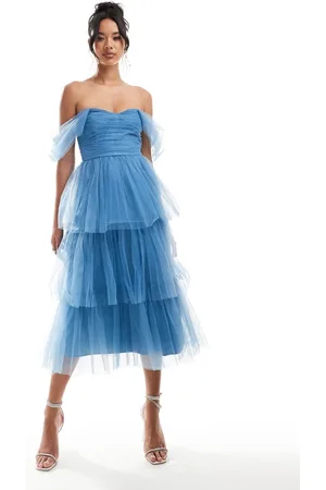 Lace & Beads Ruched tulle tiered midi dress in
