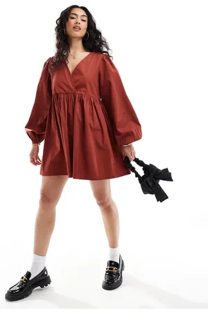 ASOS Cotton v-neck mini smock dress rust
