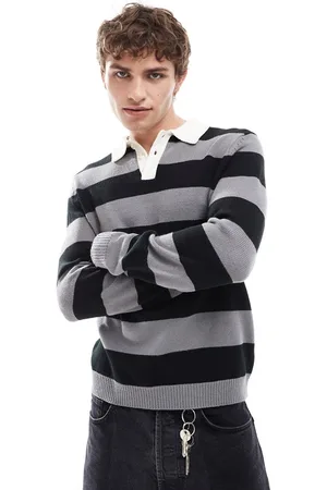 ASOS Knitted rugby polo in black and stripe