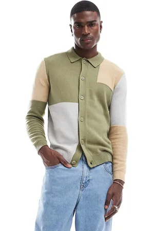ASOS Knitted button through collar cardigan in khaki colour block