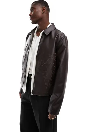 ASOS Faux leather cropped harrington jacket with floral debossing in