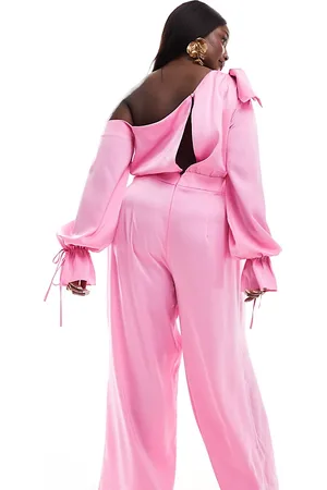 ASOS Curve satin off shoulder wide leg jumpsuit with bow in