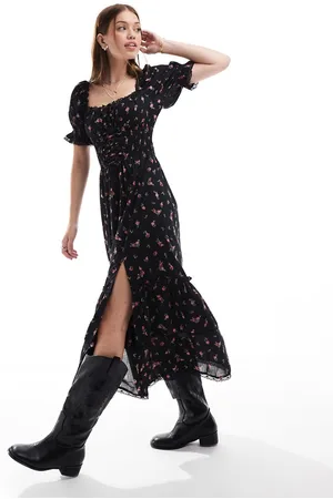 Miss Selfridge Corset detail tiered maxi dress in black ditsy print