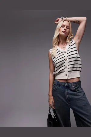 Topshop Knitted stripe chunky waistcoat in mono
