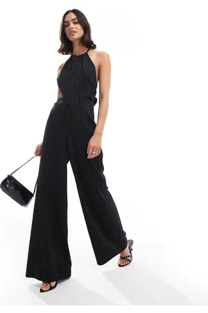 ASOS Halter tie up back jumpsuit in black and white stripe