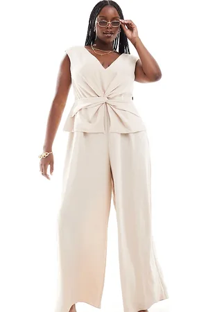 ASOS ASOS DESIGN Curve v neck wrap waistcoat jumpsuit in oatmeal