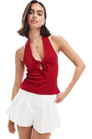 Miss Selfridge Textured halterneck top with bow detail in