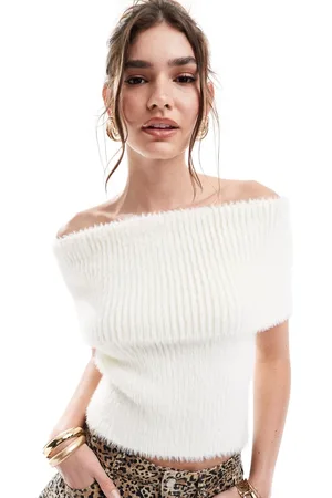 4th & Reckless Fluffy rib knit bardot top in cream