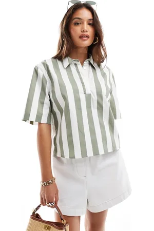 ASOS Short sleeve cropped shirt in khaki stripe