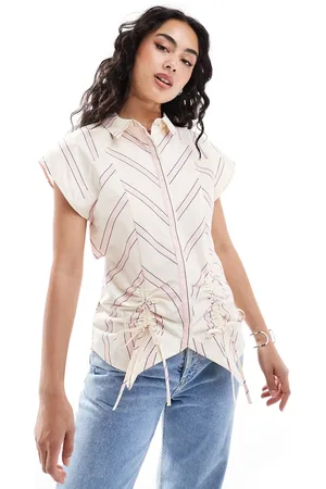ASOS Sleeveless ruched front open back shirt in pink and white stripe
