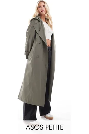 ASOS ASOS DESIGN Petite rubberised rain hooded trench coat with belt detail in khaki