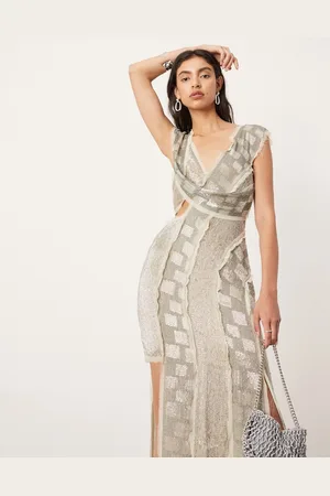 ASOS Embellished spliced raw edge asymmetric midi dress in