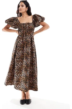 ASOS Puffed sleeve smock midi dress in mono animal