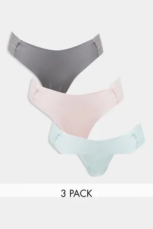 ASOS 3 pack no VPL & lace side thong in baby pink, blue & grey