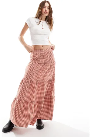 Miss Selfridge Tiered maxi gingham skirt in rust