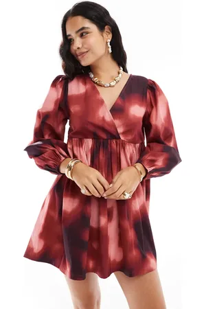 ASOS Cotton v-neck mini smock dress in blurred print