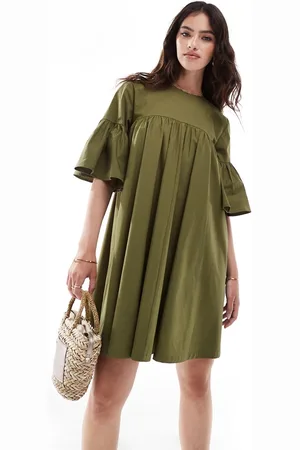ASOS Mini smock dress with oversized sleeves in olive green