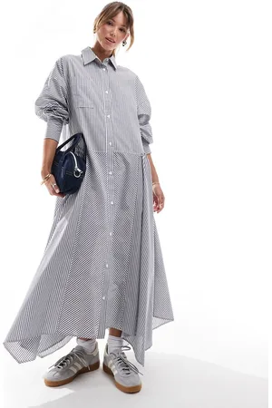 ASOS Maxi shirt dress with wide skirt and cuff detail in blue stripe
