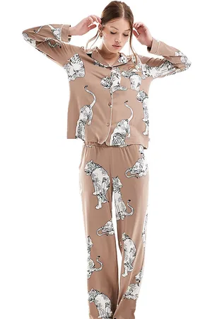Chelsea Peers Exclusive poly tiger print button long sleeve top and trouser pyjama set in chocolate