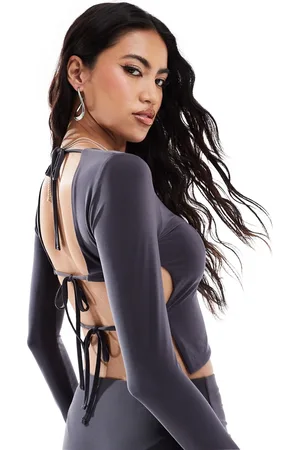 Kaiia Slinky long sleeve tie back top co-ord in charcoal