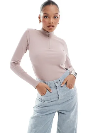 Threadbare Ribbed high neck half zip long sleeve bodysuit in taupe