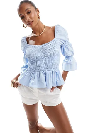 River Island Shirred long sleeve top in light