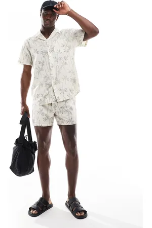 South Beach Palm print swim short in cream