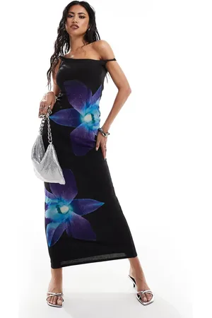 Kaiia Mesh off shoulder maxi dress in black and blue flower print