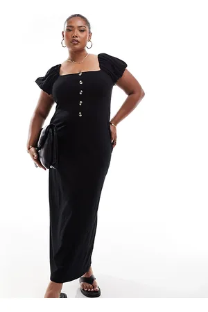 ASOS ASOS DESIGN Curve square neck midi dress with puff sleeve and button front in