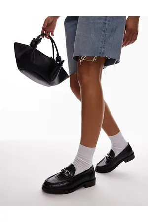 Topshop Caroline leather loafers with gold trim in croc