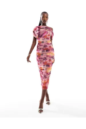 ASOS Mesh bardot ruched midi dress in blurred pink print