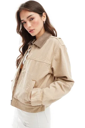 Abercrombie & Fitch Collared workwear zip up denim jacket in tan