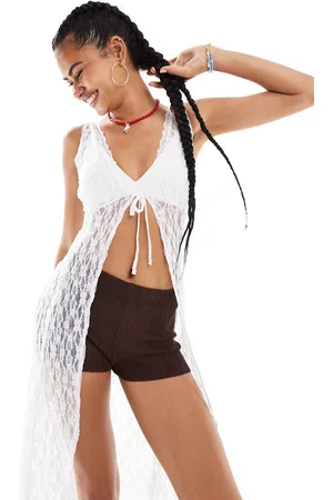 Reclaimed Split front lace maxi tunic top with ties in white