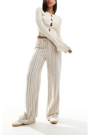 Pull&Bear Striped wide leg trousers in ecru