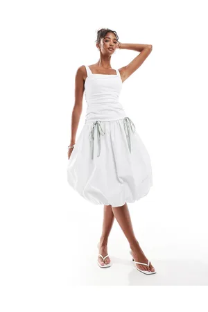 ASOS Ruched puff hem midi dress with green satin bow details in