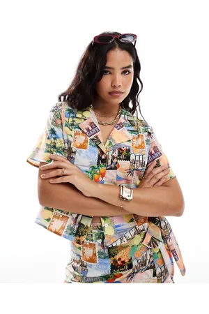 ASOS Linen look co-ord short sleeve shirt in postcard print