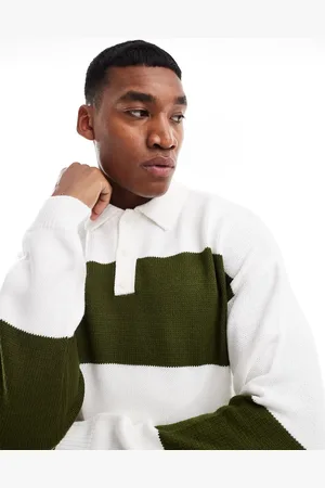 ASOS Knitted boxy relaxed fit rugby striped jumper in khaki and white