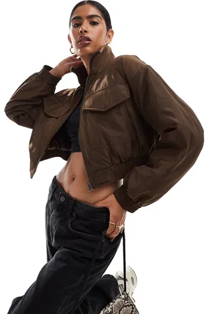 ASOS Rib funnel neck cropped bomber jacket in tan