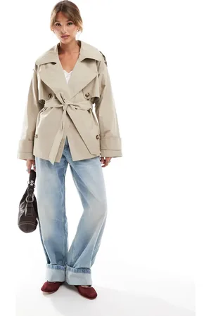 ASOS Oversized short trench coat with belt in stone