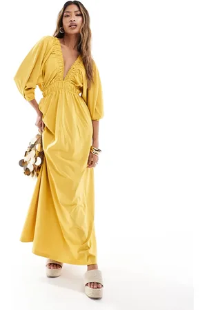 ASOS Plunge elastic tea midi dress with ruched waist in mustard