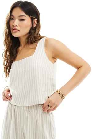 Abercrombie & Fitch Co-ord square neck linen blend top in beige and stripe