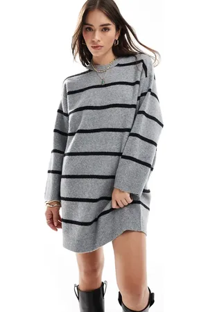 ASOS Crew neck mini dress with wide cuff in grey stripe