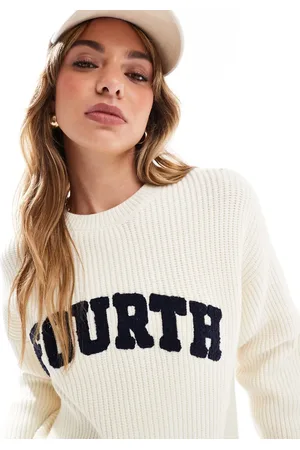4th & Reckless Knitted rib logo crew neck jumper in cream