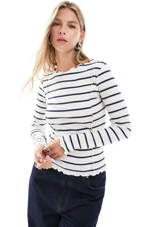 Brave Soul Long sleeve lettuce hem top in cream and navy stripe