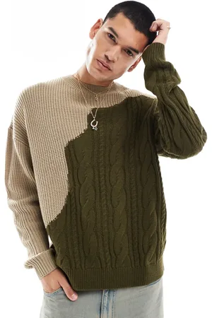 ASOS Relaxed knitted fisherman rib and cable knit jumper in khaki and ecru